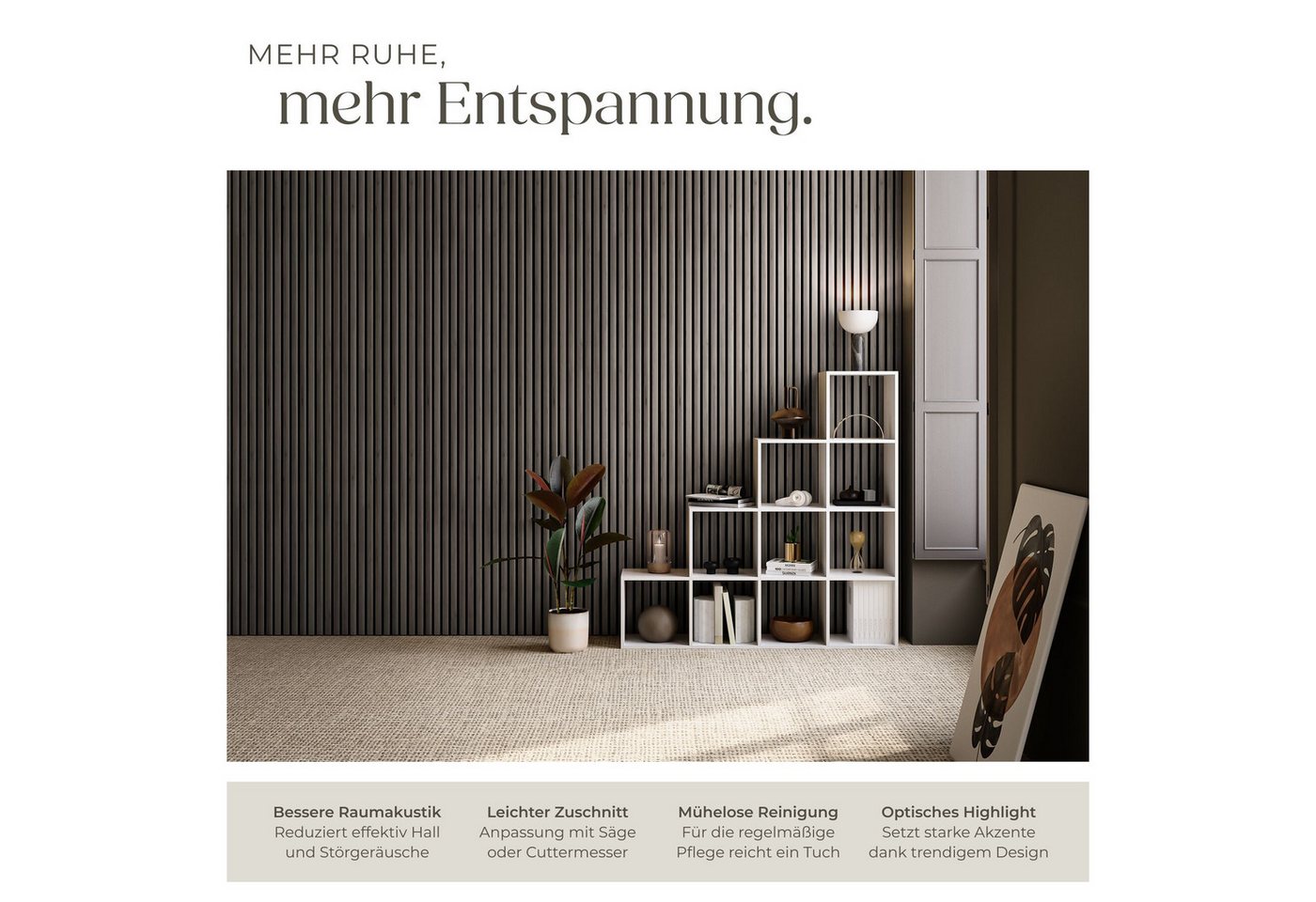 tectake Wandpaneel Schallschutzpanel Echtholzfurnier 110x50 cm, 3D, schallabsorbierend, BxL: 50x110 cm, (Schallabsorber Wand Sonic Wall IV, 4-tlg., in Eiche gra – Bild 3 von 5
