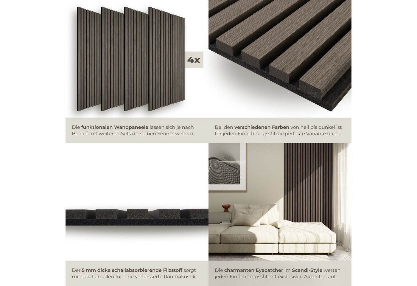 tectake Wandpaneel Schallschutzpanel Echtholzfurnier 110x50 cm, 3D, schallabsorbierend, BxL: 50x110 cm, (Schallabsorber Wand Sonic Wall IV, 4-tlg., in Eiche gra – Bild 4 von 5