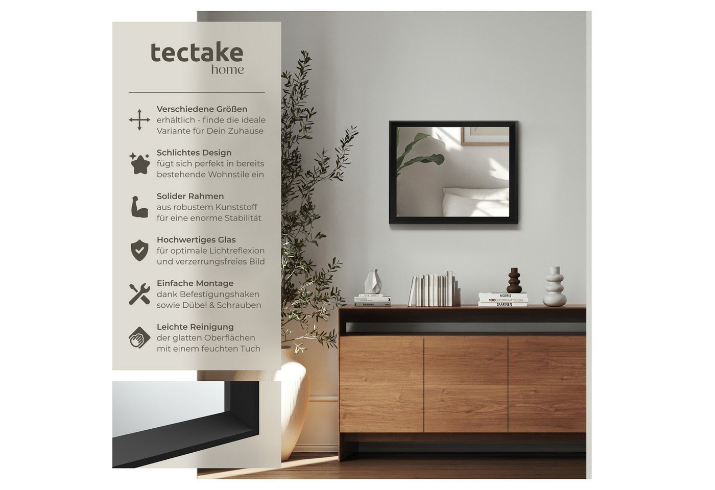 tectake Wandspiegel Badspiegel, integrierte Befestigungshaken, 40,6 x 3,8 x 50,8 cm (Rechteckiger Dekospiegel Elina, in schwarz), Rahmen aus langlebigem Kunstst – Bild 2 von 5