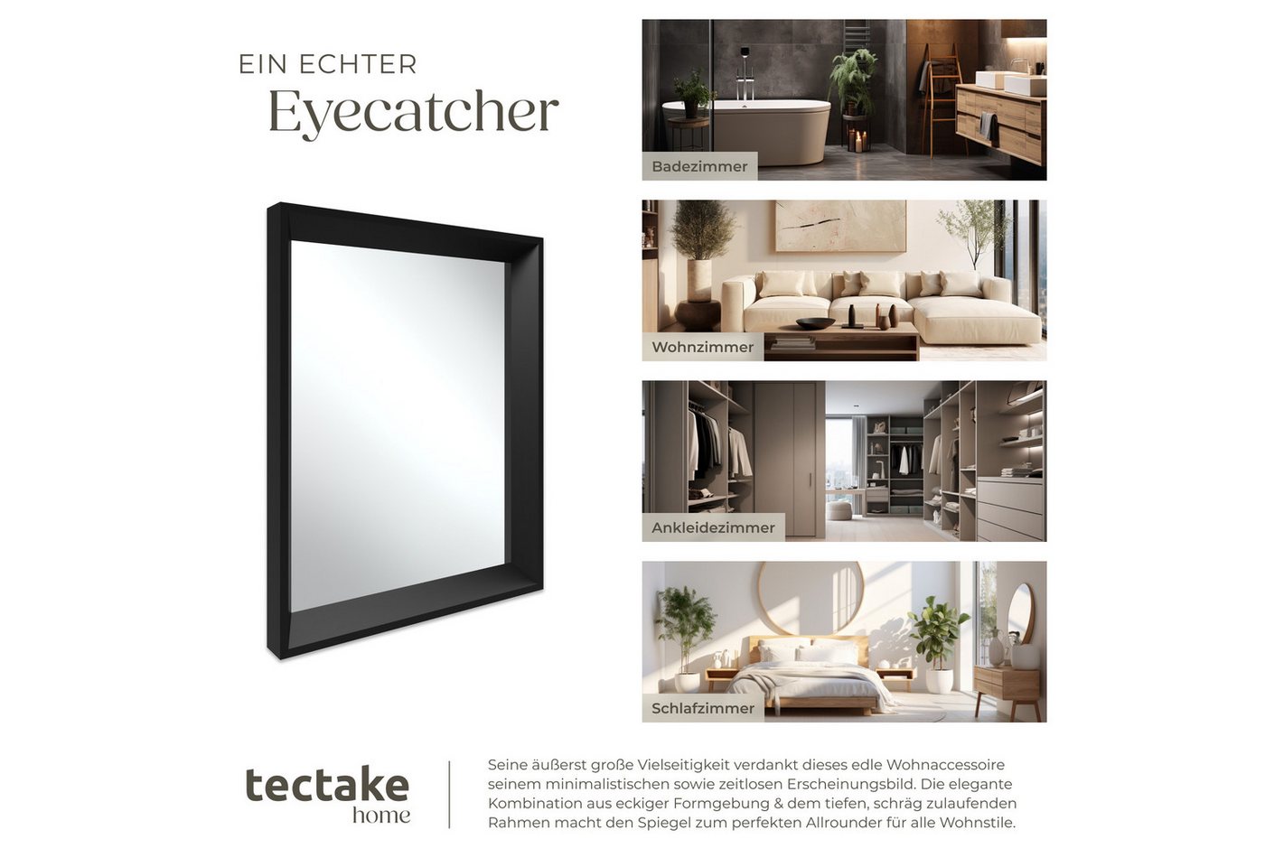 tectake Wandspiegel Badspiegel, integrierte Befestigungshaken, 40,6 x 3,8 x 50,8 cm (Rechteckiger Dekospiegel Elina, in schwarz), Rahmen aus langlebigem Kunstst – Bild 5 von 5