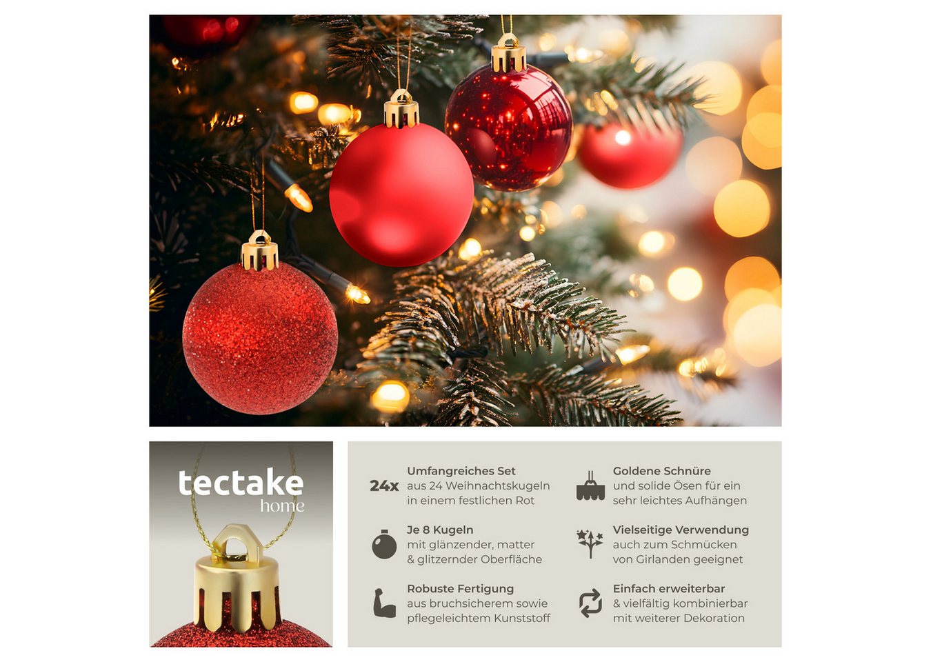 tectake Weihnachtsbaumkugel Weihnachtsdeko 24er-Set, Durchmesser 4 cm (1 St), aus bruchsicherem Kunststoff, Schnüre zum Aufhängen – Bild 2 von 5