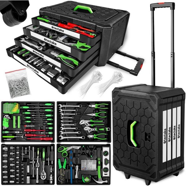 tectake Werkzeugtrolley Werkzeugkoffer, Werkzeugkasten mit Tragegriff und Teleskopgriff (Komplettset, 899-teilig), 899-teilig