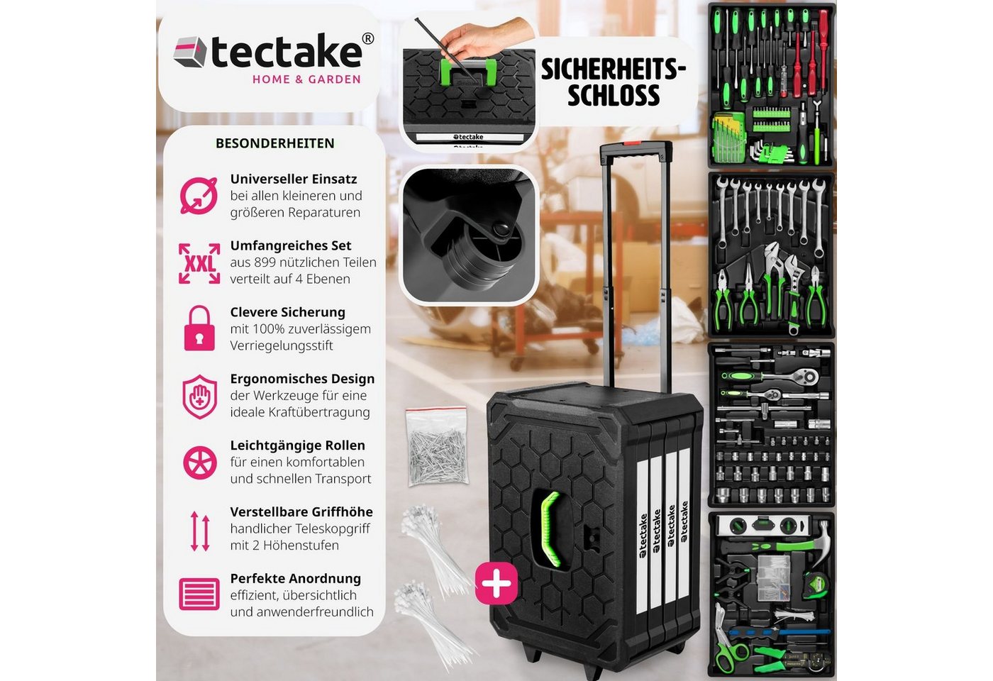 tectake Werkzeugtrolley Werkzeugkoffer, Werkzeugkasten mit Tragegriff und Teleskopgriff (Komplettset, 899-teilig), 899-teilig – Bild 2 von 5