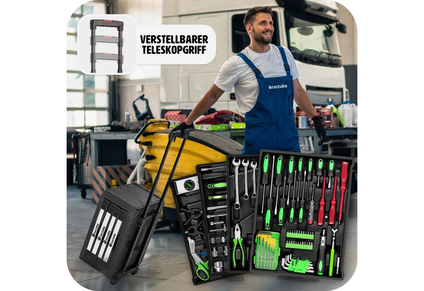 tectake Werkzeugtrolley Werkzeugkoffer, Werkzeugkasten mit Tragegriff und Teleskopgriff (Komplettset, 899-teilig), 899-teilig – Bild 4 von 5