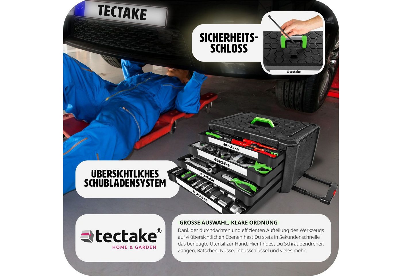 tectake Werkzeugtrolley Werkzeugkoffer, Werkzeugkasten mit Tragegriff und Teleskopgriff (Komplettset, 899-teilig), 899-teilig – Bild 5 von 5