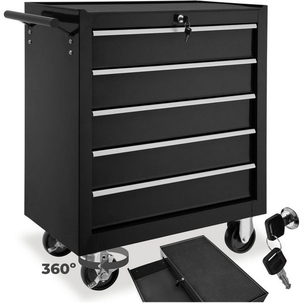 tectake Werkzeugwagen Werkstattwagen, Belastbarkeit 150 kg, zentrale, schwarz, (Werkzeugkoffer leer, in schwarz), 5 kugelgelagerte Schubladen mit Antirutschmatt