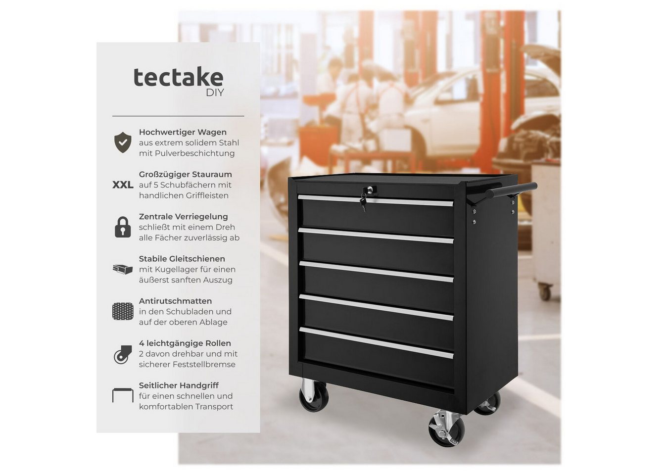 tectake Werkzeugwagen Werkstattwagen, Belastbarkeit 150 kg, zentrale, schwarz, (Werkzeugkoffer leer, in schwarz), 5 kugelgelagerte Schubladen mit Antirutschmatt – Bild 2 von 5