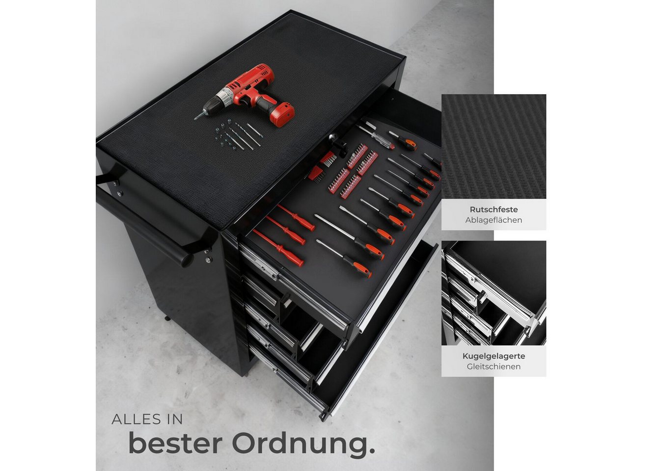 tectake Werkzeugwagen Werkstattwagen, Belastbarkeit 150 kg, zentrale, schwarz, (Werkzeugkoffer leer, in schwarz), 5 kugelgelagerte Schubladen mit Antirutschmatt – Bild 5 von 5