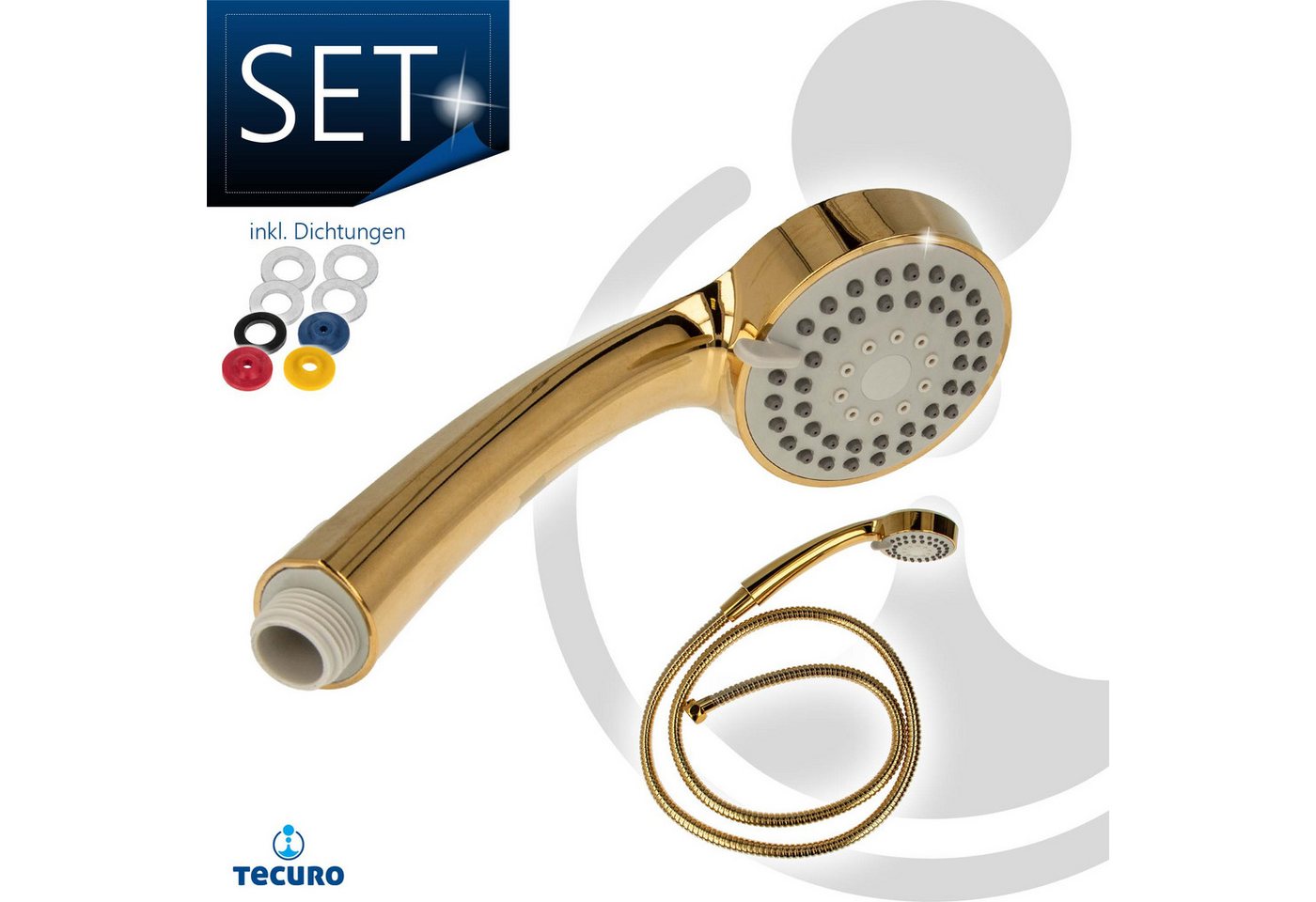 tecuro Brausegarnitur Antikalk - Handbrause ew-080 gold - mit 3-Funktionen, Metallschlauch – Bild 2 von 5