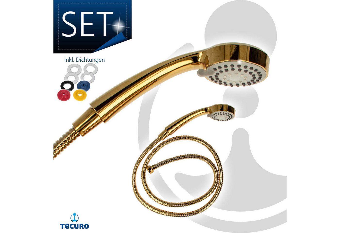 tecuro Brausegarnitur Antikalk - Handbrause ew-080 gold - mit 3-Funktionen, Metallschlauch – Bild 3 von 5