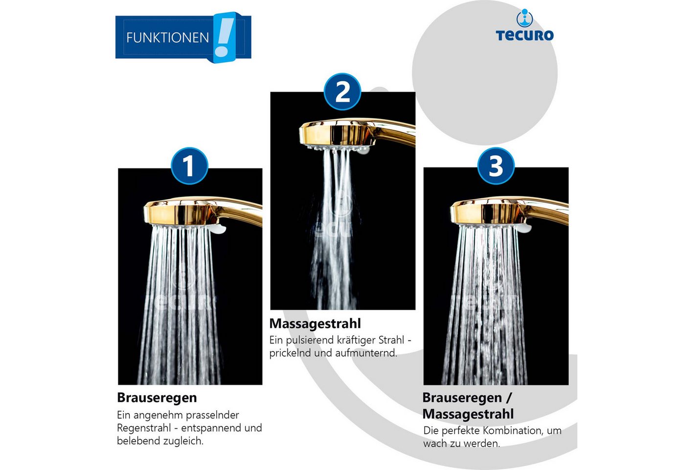 tecuro Brausegarnitur Antikalk - Handbrause ew-080 gold - mit 3-Funktionen, Metallschlauch – Bild 5 von 5