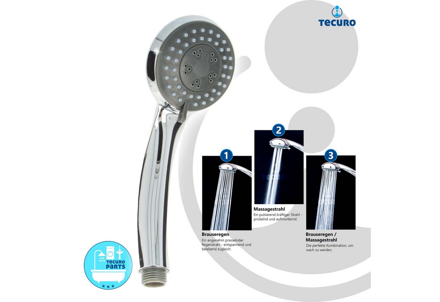 tecuro Duschbrause Komfort-Handbrause Ø 70 mm, mit 3-Funktionen und Antikalknoppen – Bild 2 von 5