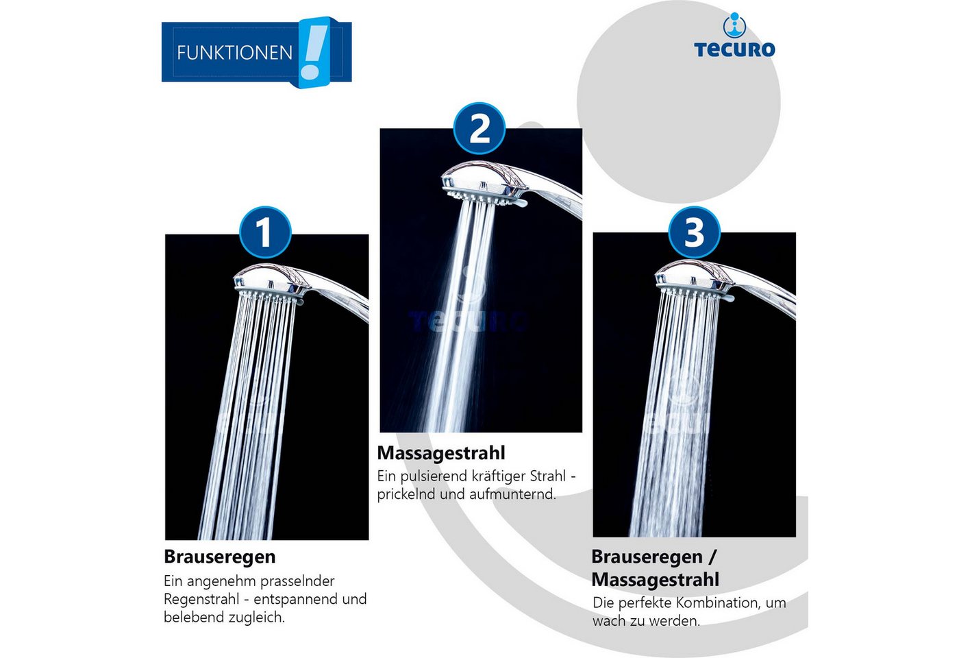 tecuro Duschbrause Komfort-Handbrause Ø 70 mm, mit 3-Funktionen und Antikalknoppen – Bild 4 von 5