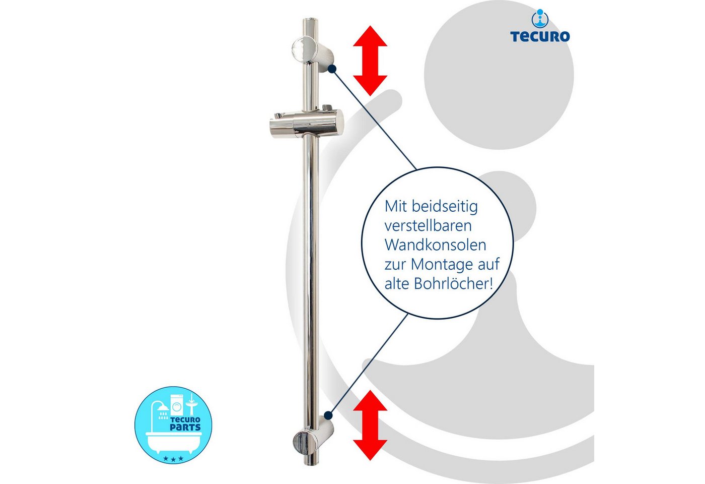 tecuro Duschstange 100 cm Wandstange SUN - mit variablen Wandbefestigungen, verchromt – Bild 2 von 5