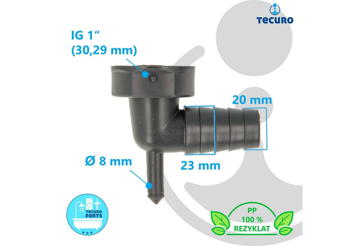 tecuro Siphon 90° Geräteanschlusstülle, 1 Zoll UWM x Tülle 19-23 mm – Bild 3 von 5
