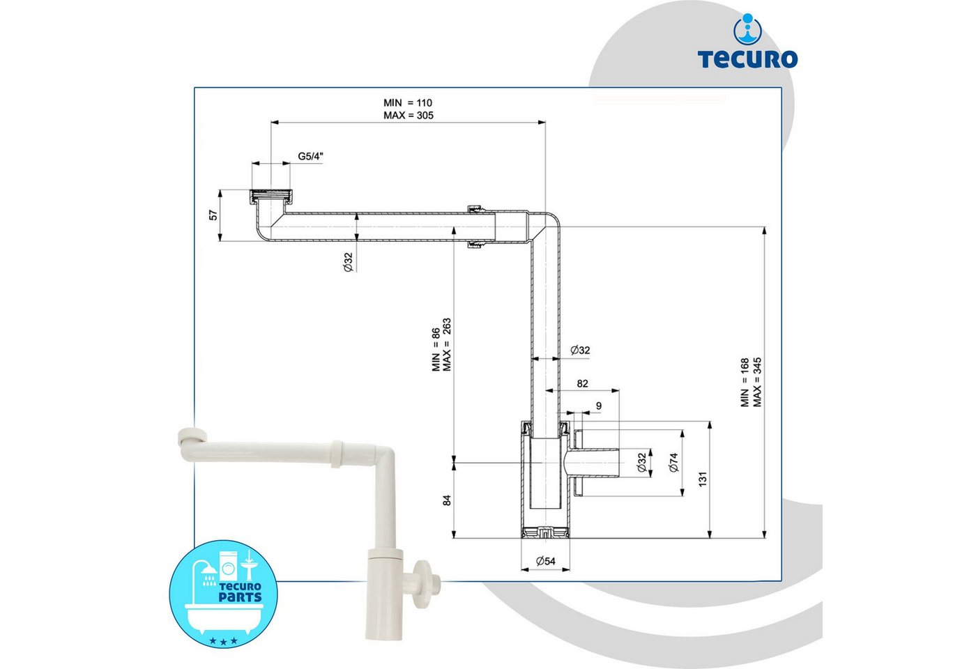 tecuro Siphon DESIGN Raumspar Flaschen-Geruchsverschluss 1 1/4 Zoll, weiß – Bild 4 von 5