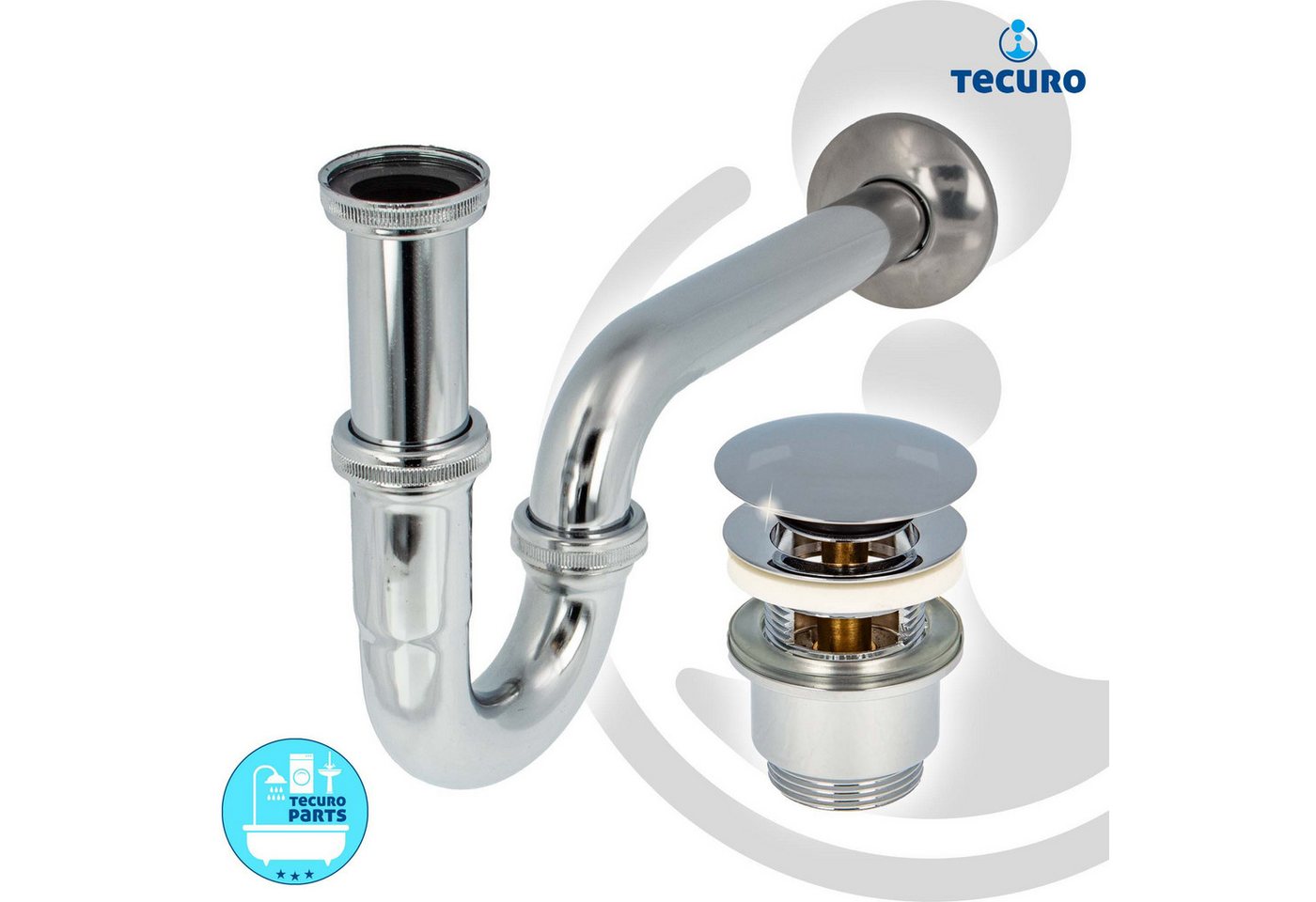 tecuro Siphon Siphon extra lang mit Pop Up Ablaufventil verchr. - Set für Waschtisch, (Ablaufventil und Röhrensiphon) – Bild 2 von 5