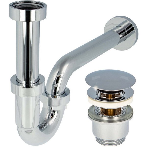 tecuro Siphon Siphon extra lang mit Pop Up Ablaufventil verchr. - Set für Waschtisch, (Ablaufventil und Röhrensiphon)