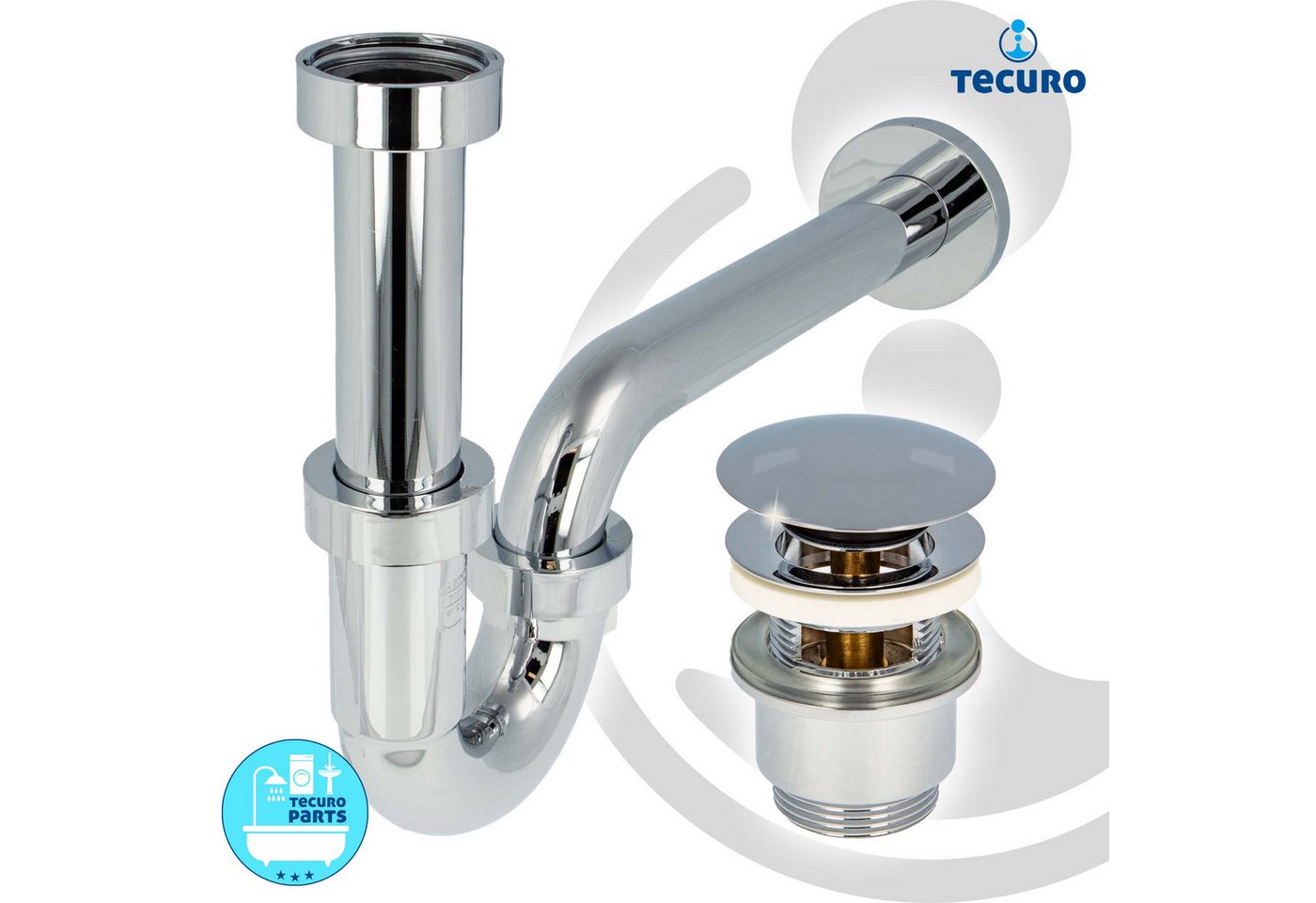 tecuro Siphon Siphon extra lang mit Pop Up Ablaufventil verchr. - Set für Waschtisch, (Ablaufventil und Röhrensiphon) – Bild 2 von 5