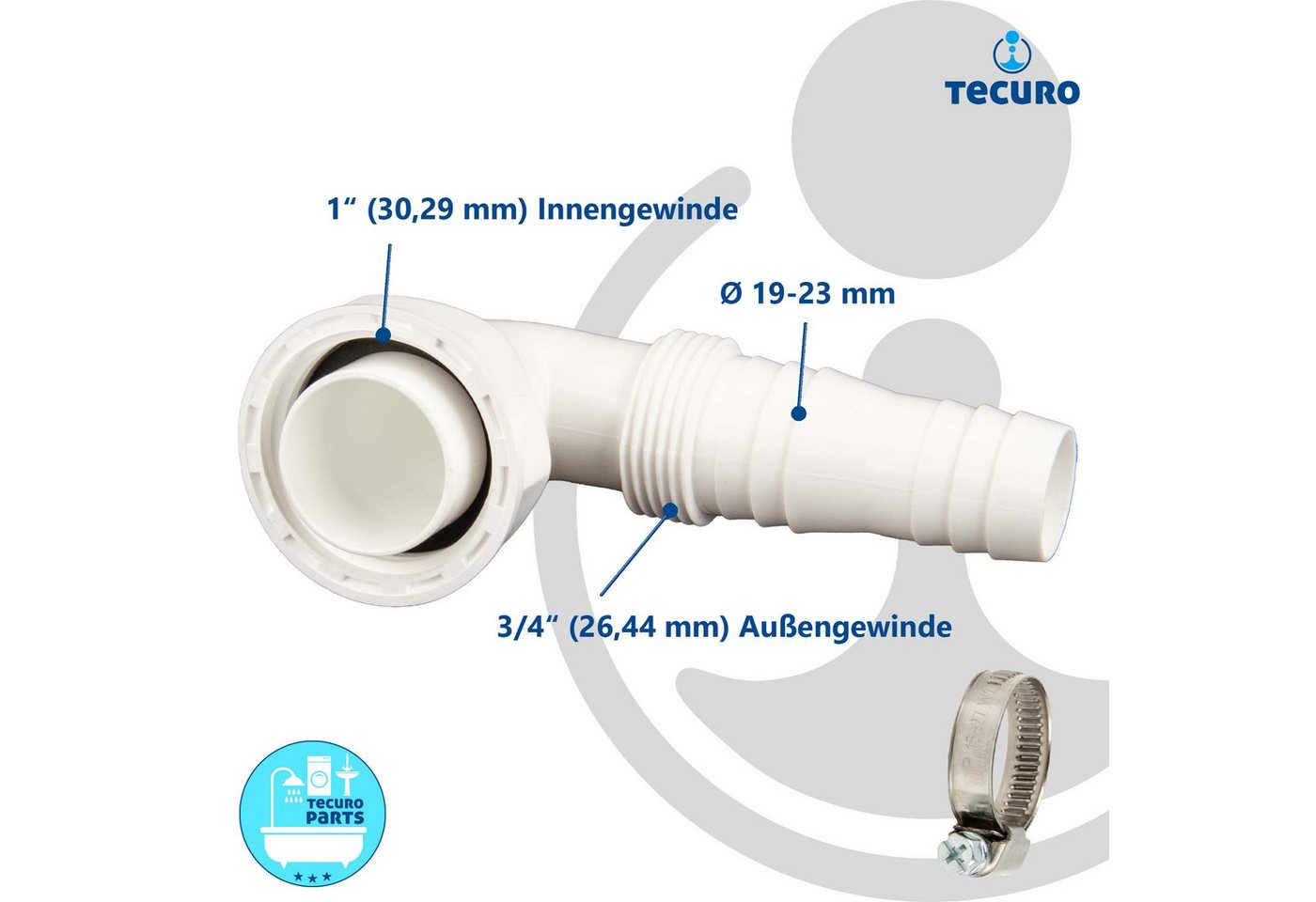 tecuro Siphon Geräteanschlusstülle 90° extra lang, mit Schlauchschelle – Bild 5 von 5