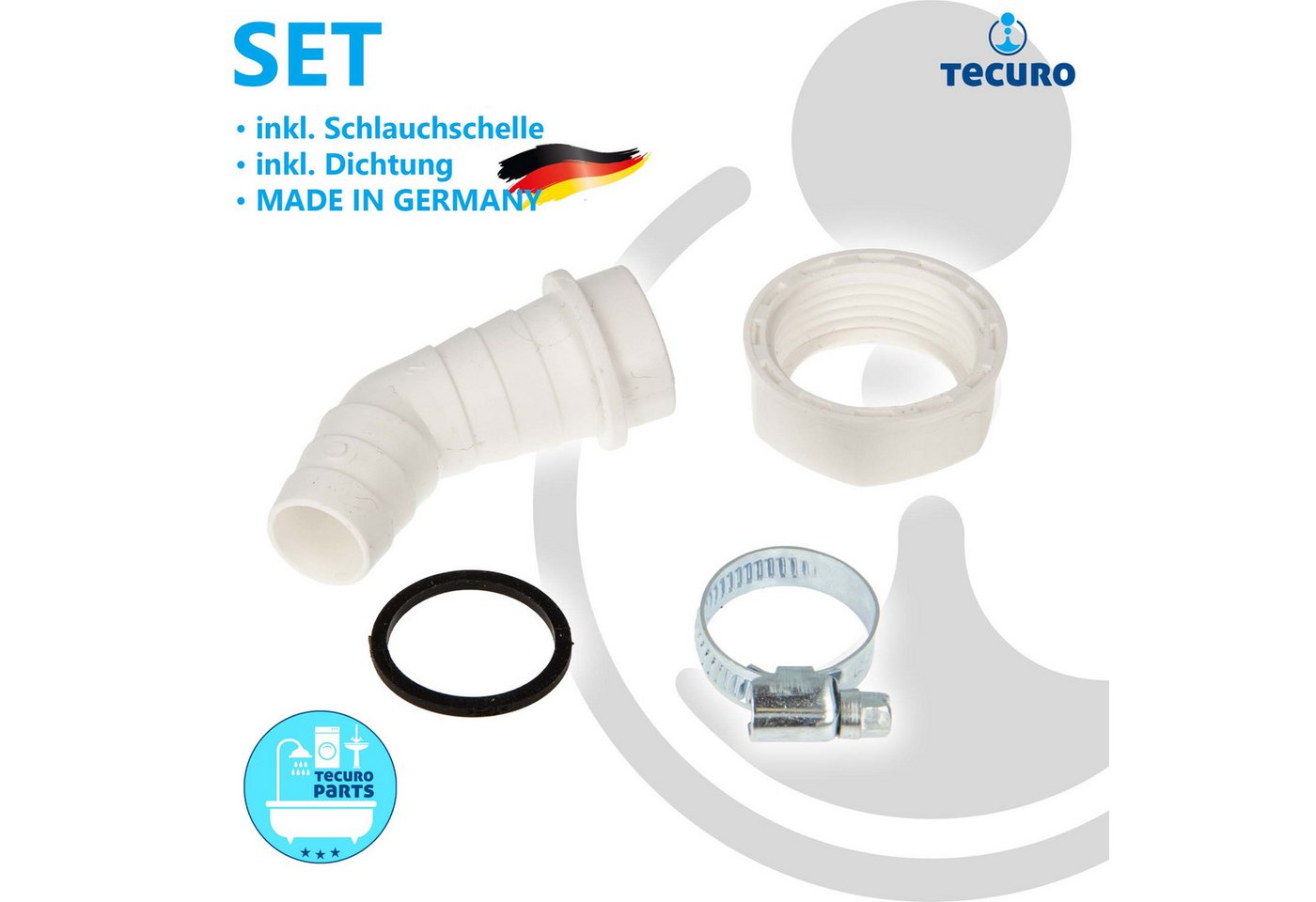 tecuro Siphon Geräteanschlusstülle Siphonanschluss 45° mit Schlauchschelle - Weiß – Bild 3 von 5
