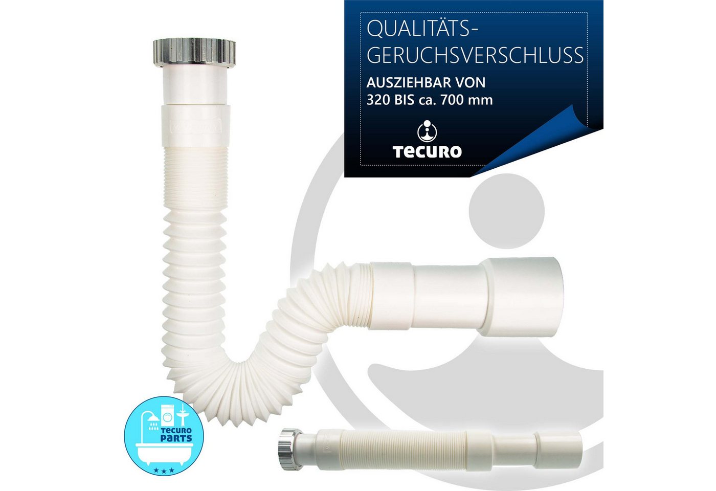 tecuro Siphon Geruchsverschluss 1 1/4 Zoll auf Ø 32/40, ausziehbar 320-700 mm – Bild 2 von 5