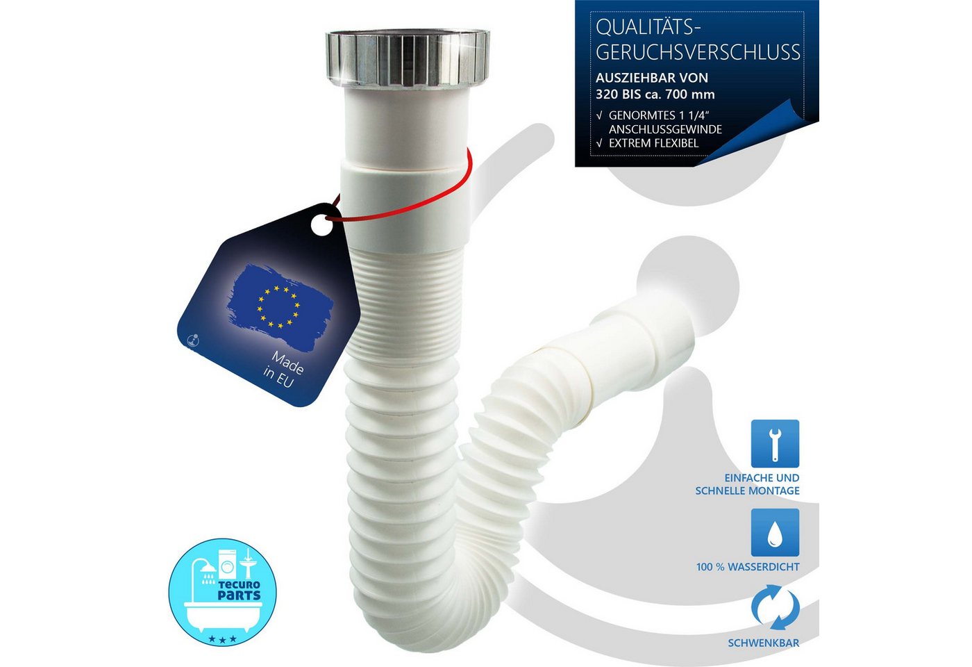 tecuro Siphon Geruchsverschluss 1 1/4 Zoll auf Ø 32/40, ausziehbar 320-700 mm – Bild 3 von 5