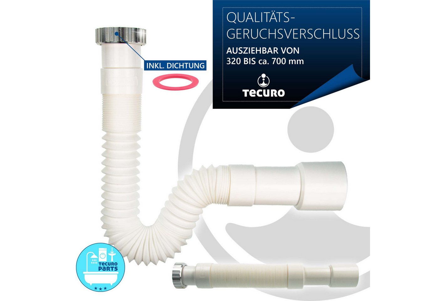 tecuro Siphon Geruchsverschluss 1 1/4 Zoll auf Ø 32/40, ausziehbar 320-700 mm – Bild 4 von 5