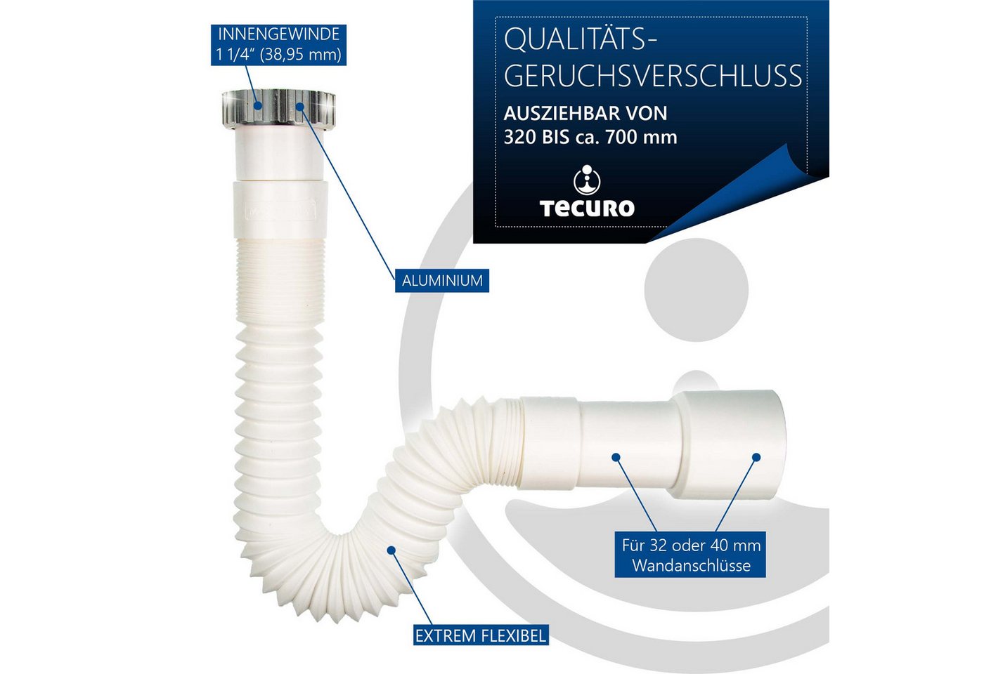 tecuro Siphon Geruchsverschluss 1 1/4 Zoll auf Ø 32/40, ausziehbar 320-700 mm – Bild 5 von 5