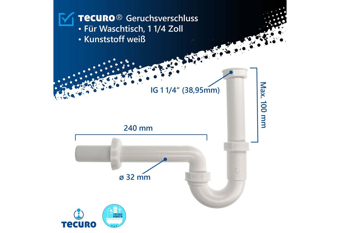 tecuro Siphon Geruchsverschluss Ablaufgarnitur Siphon für Waschtisch, 1 1/4 Zoll – Bild 2 von 4