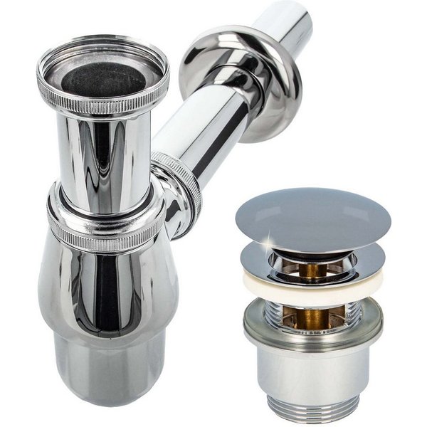 tecuro Siphon Siphon mit Pop Up Ablaufventil verchromt - Universal für Waschtisch, (Ablaufventil und Flaschensiphon)