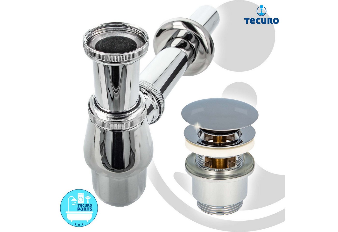 tecuro Siphon Siphon mit Pop Up Ablaufventil verchromt - Universal für Waschtisch, (Ablaufventil und Flaschensiphon) – Bild 2 von 5