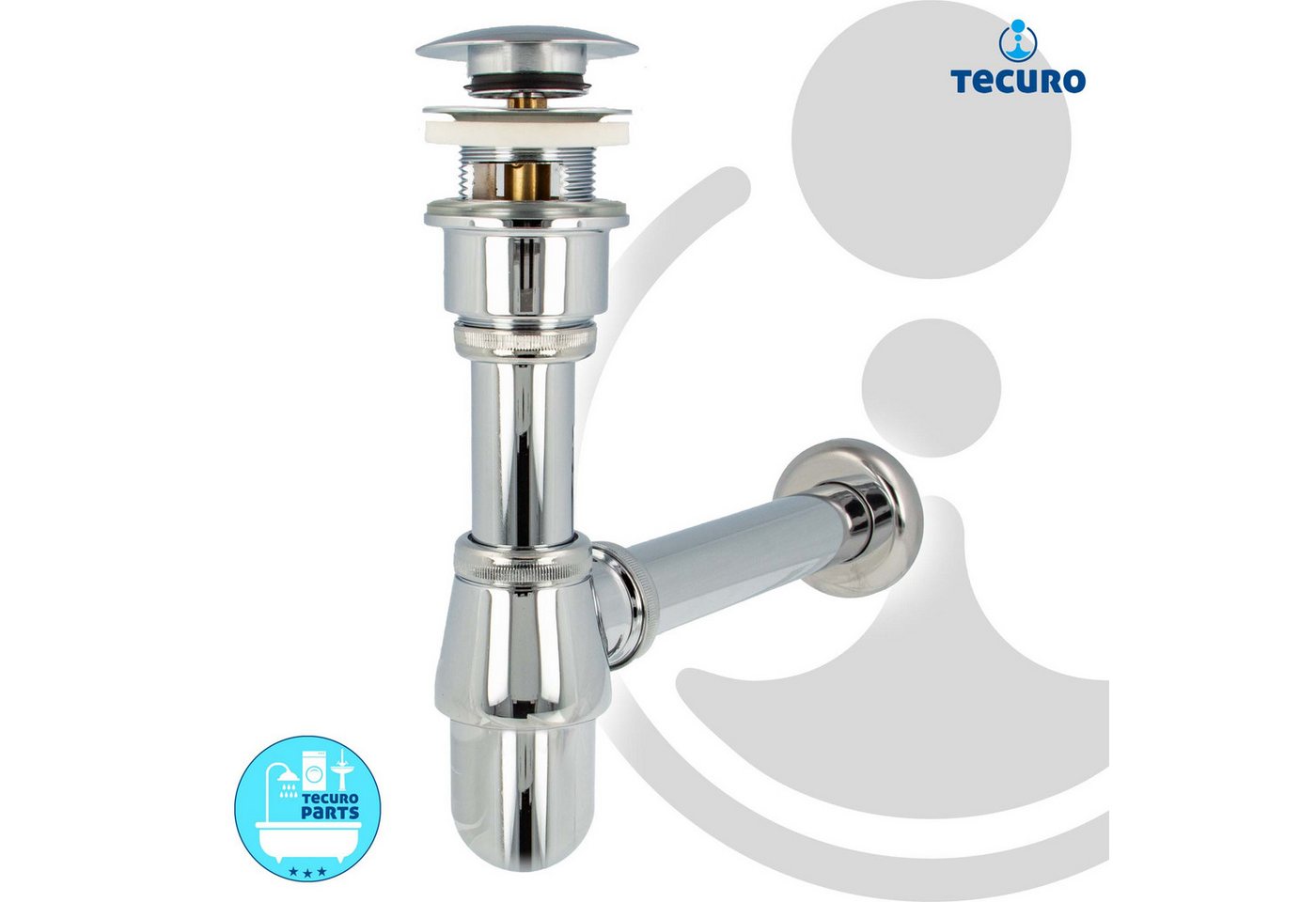 tecuro Siphon Siphon mit Pop Up Ablaufventil verchromt - Universal für Waschtisch, (Ablaufventil und Flaschensiphon) – Bild 3 von 5