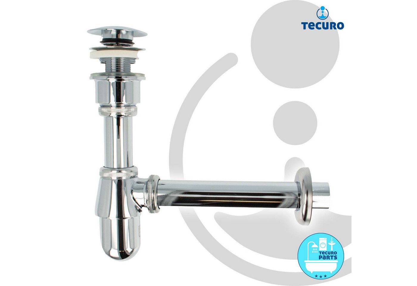 tecuro Siphon Siphon mit Pop Up Ablaufventil verchromt - Universal für Waschtisch, (Ablaufventil und Flaschensiphon) – Bild 4 von 5