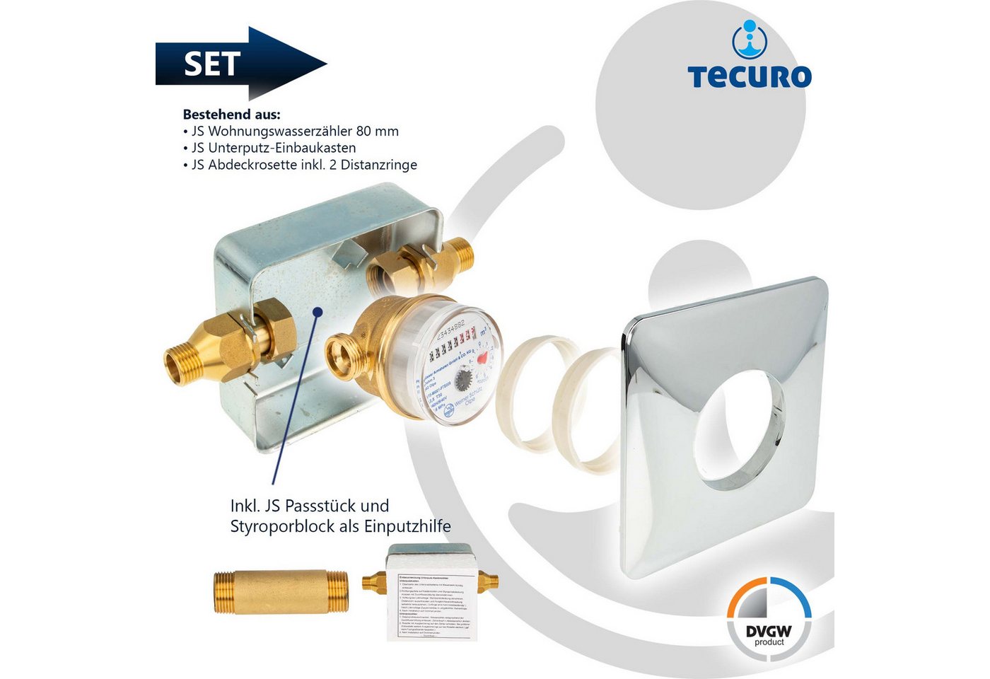 tecuro Wasserzähler Unterputz Einstrahlzähler System ETK Komplett-SET, Länge 80 mm, (Komplett-Set) – Bild 2 von 5