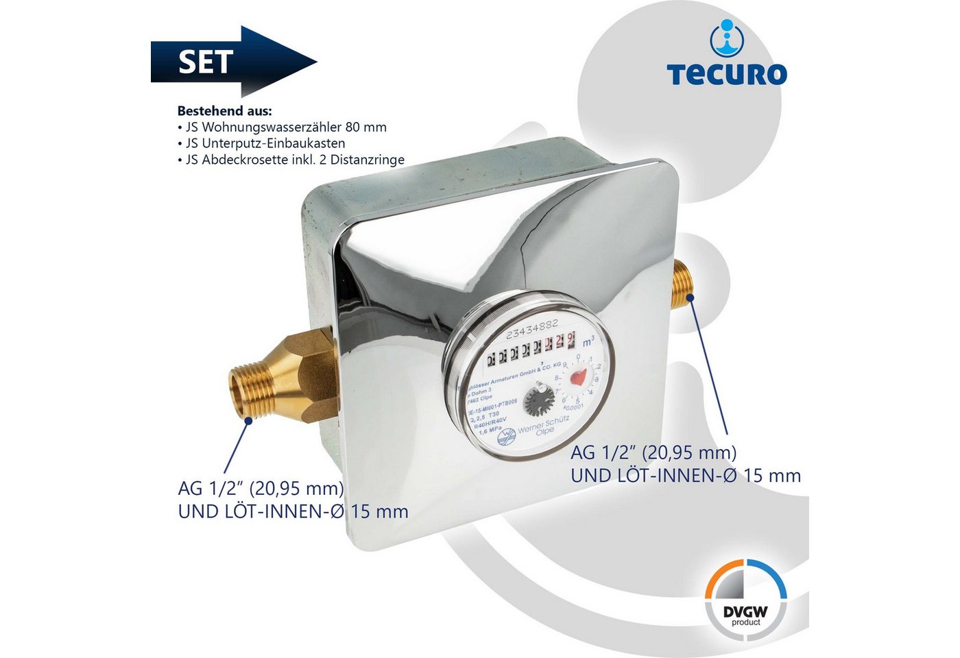 tecuro Wasserzähler Unterputz Einstrahlzähler System ETK Komplett-SET, Länge 80 mm, (Komplett-Set) – Bild 4 von 5