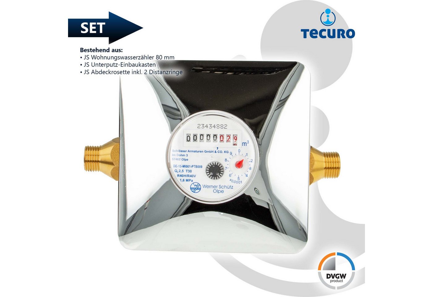 tecuro Wasserzähler Unterputz Einstrahlzähler System ETK Komplett-SET, Länge 80 mm, (Komplett-Set) – Bild 5 von 5