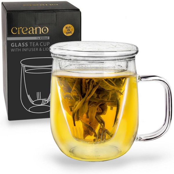 Creano Teeglas Creano Teeglas 450ml - mit Sieb und Deckel aus Glas