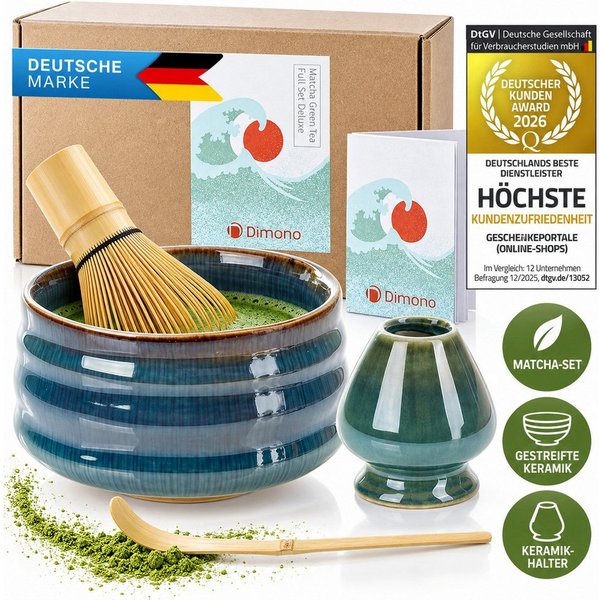 Dimono Teeglas DIMONO Matcha Tee Set–Teezubereitung Set mit Chasen, Schale & Zubehör, mit Matcha-Schale, Besenhalter, Dosierlöffel