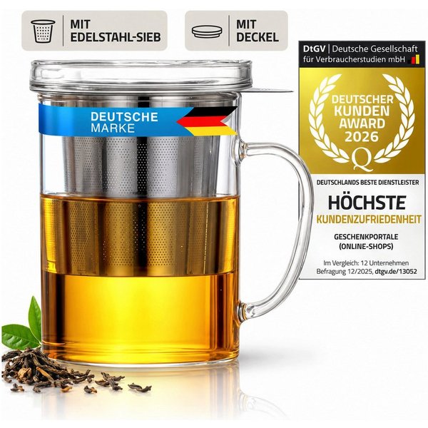 Dimono Teeglas Dimono Teeglas 450 ml mit Sieb & Deckel – Glas Teebereiter Deluxe, Tee-Filter Tasse mit Deckel