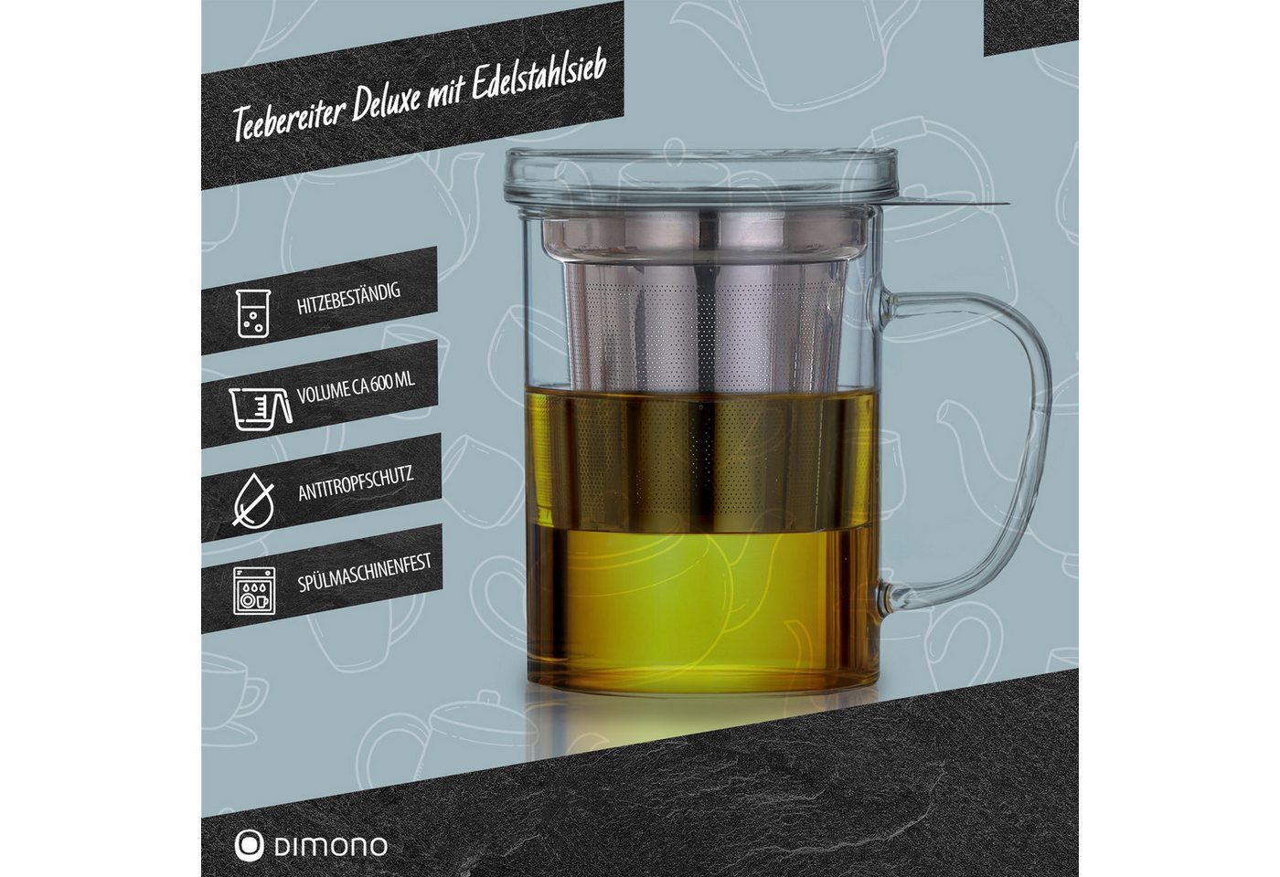Dimono Teeglas Dimono Teeglas 450 ml mit Sieb & Deckel – Glas Teebereiter Deluxe, Tee-Filter Tasse mit Deckel – Bild 3 von 5