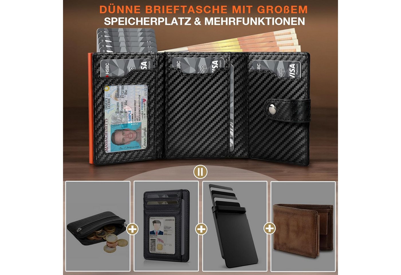 TEEHON Geldbörse Geldbeutel Herren, Slim Wallet Herren mit RFID & Münzfach (1-tlg., Hochwertige Geldbörse, Kartenetui 8-Fach Portmonee), Geldbörsen für Männer - – Bild 2 von 5