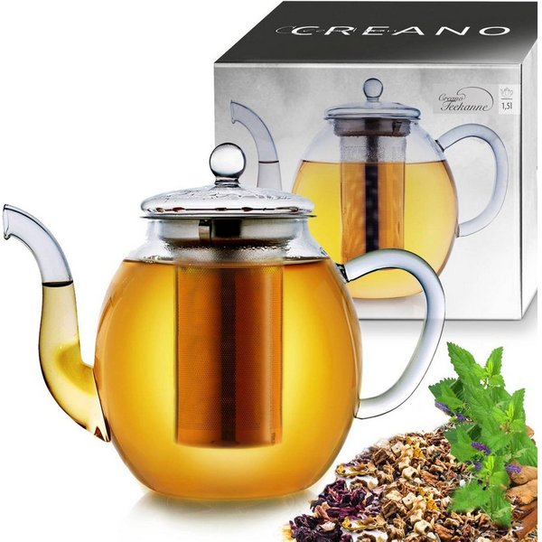 Creano Teekanne Creano Glas-Teekanne 1,5l, Edelstahl-Sieb und Glas-Deckel, all-in-one, 1,5 l, (1er-Set, 3-St., Teekanne & Deckel), tropffrei