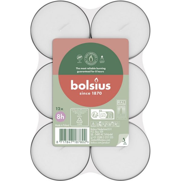 Bolsius Teelicht Bolsius Maxi-Teelichter weiß 8h 12er Pack