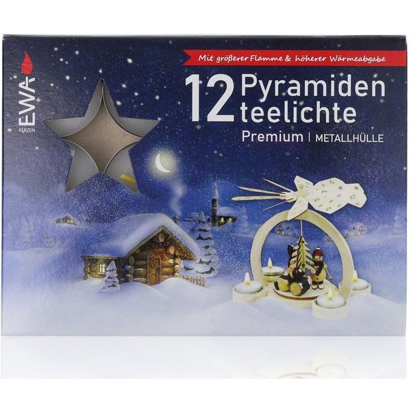 EWA Teelicht Ebersbacher Kerzenfabrik EWA ehem. JEKA 12 Pyramidenteelichte Premium (Teelichte im Großpack, 12-tlg., in stabiler Metallhülle), Dekorativ mit hohe