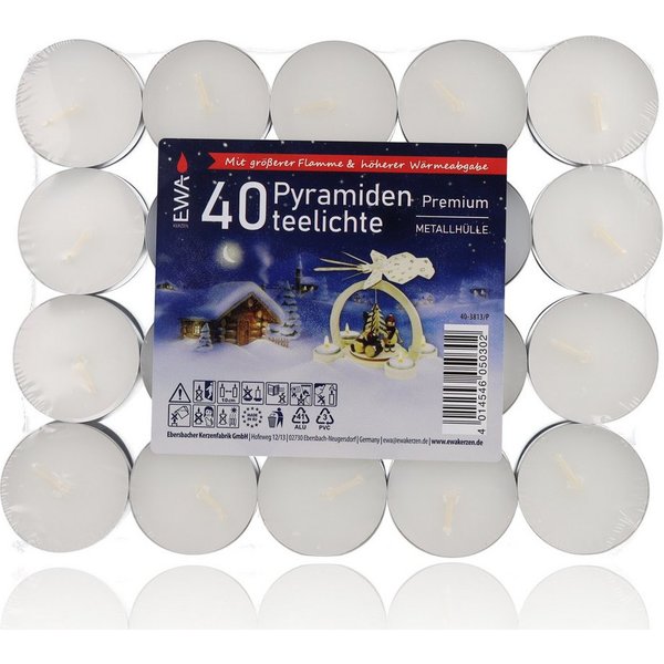 EWA Teelicht Ebersbacher Kerzenfabrik EWA ehem. JEKA 40 Pyramidenteelichte Premium (Teelichte im Großpack, 40-tlg., in stabiler Metallhülle), Dekorativ mit hohe