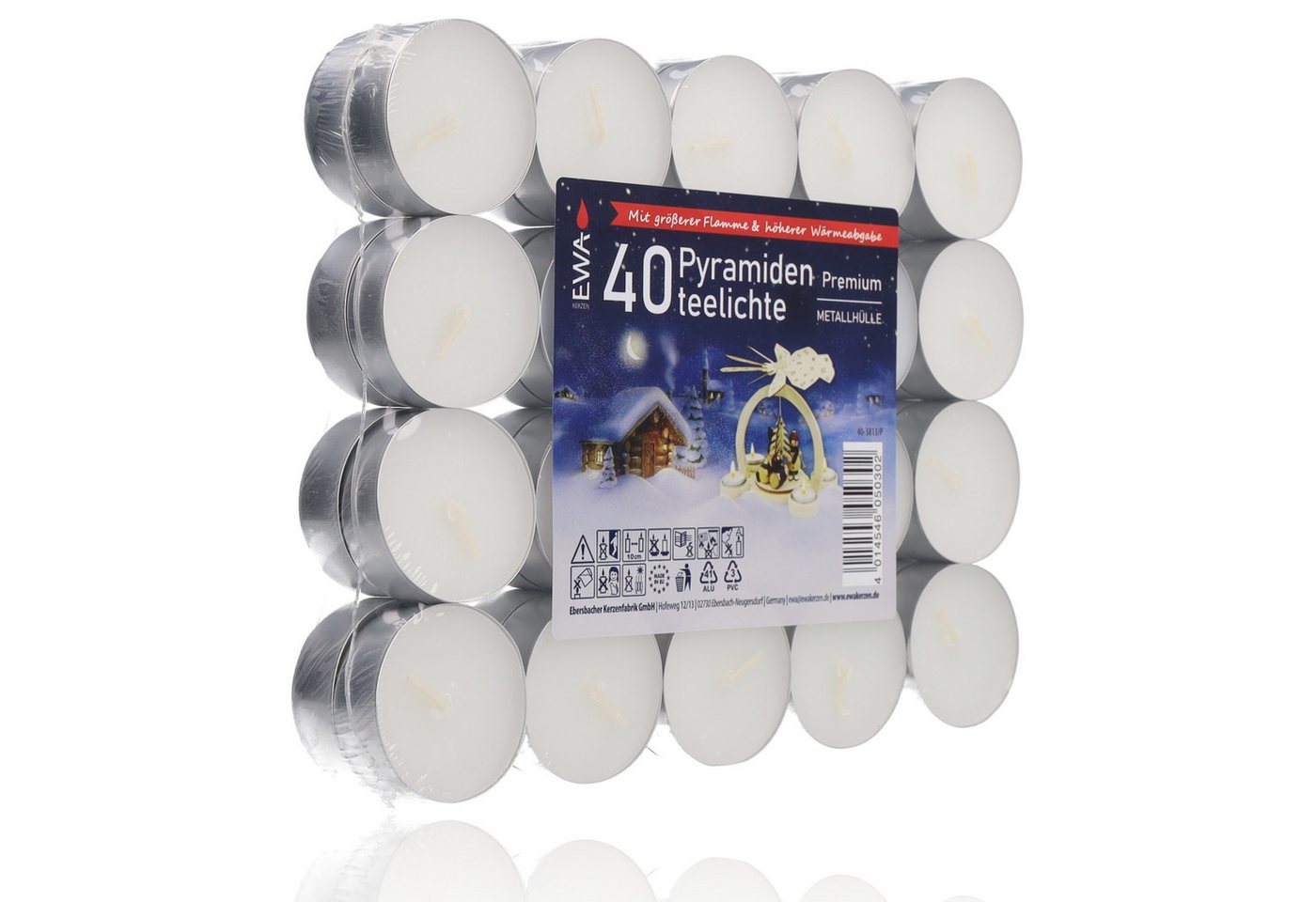 EWA Teelicht Ebersbacher Kerzenfabrik EWA ehem. JEKA 40 Pyramidenteelichte Premium (Teelichte im Großpack, 40-tlg., in stabiler Metallhülle), Dekorativ mit hohe – Bild 2 von 2
