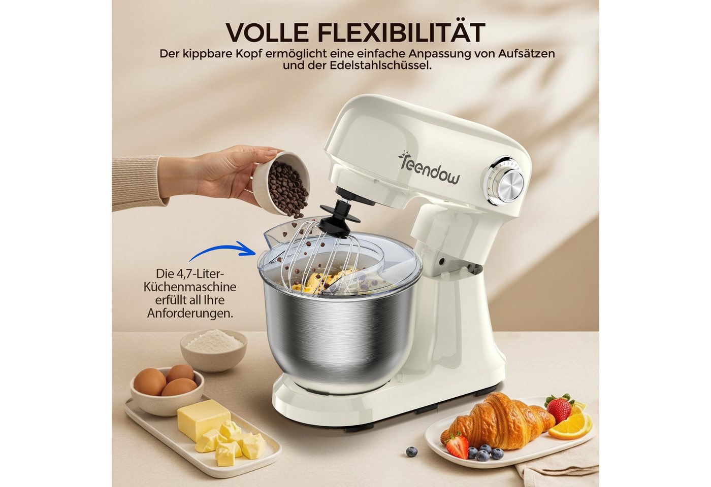 Teendow Küchenmaschine Multifunktionale Küchenmaschine mit 12-Geschwindigkeit, kippbarem Kopf, 1500 W, 4,7 l Schüssel, mit Knethaken, Schneebesen, und Rührbesen – Bild 2 von 5
