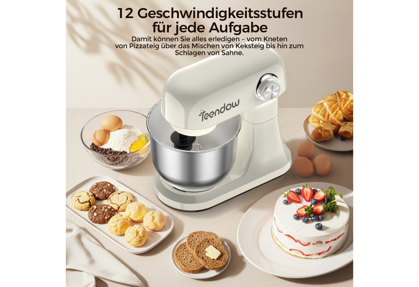 Teendow Küchenmaschine Multifunktionale Küchenmaschine mit 12-Geschwindigkeit, kippbarem Kopf, 1500 W, 4,7 l Schüssel, mit Knethaken, Schneebesen, und Rührbesen – Bild 3 von 5