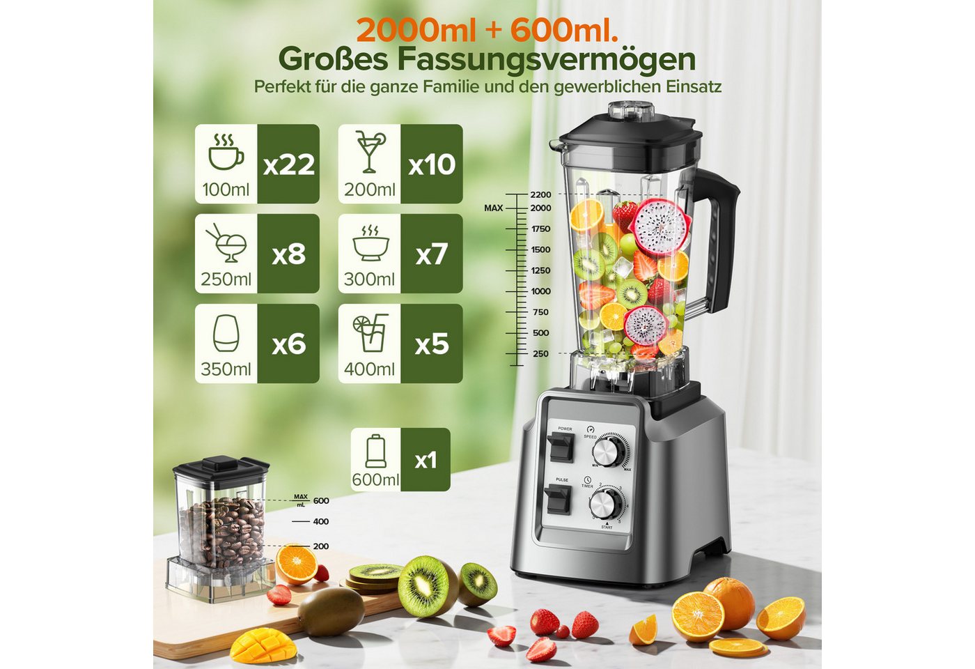 Teendow Standmixer HS-209D Smoothie Maker Mixer Hochleistungsmixer, BPA-frei, 2L, 1800 W, Mahlbare Kaffeebohnen – Bild 2 von 5